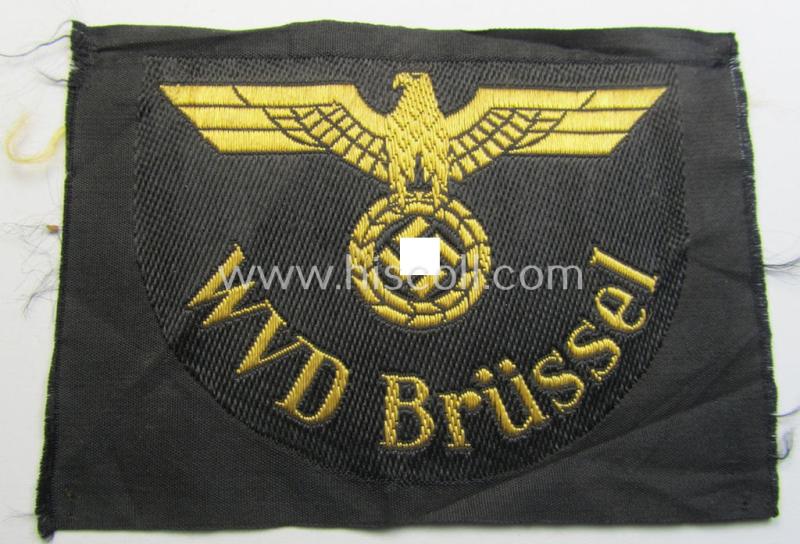 'DRB'- (ie. 'Deutsche Reichsbahn'-) related arm-eagle (ie. 'Ärmeladler') as executed in 'BeVo'-weave style as was intended for an official of the: 'Deutsche Reichsbahn' ie. the: 'WVD Brüssel' (or: 'Wehrmacht-Verkehrsdirektion Brüssel')