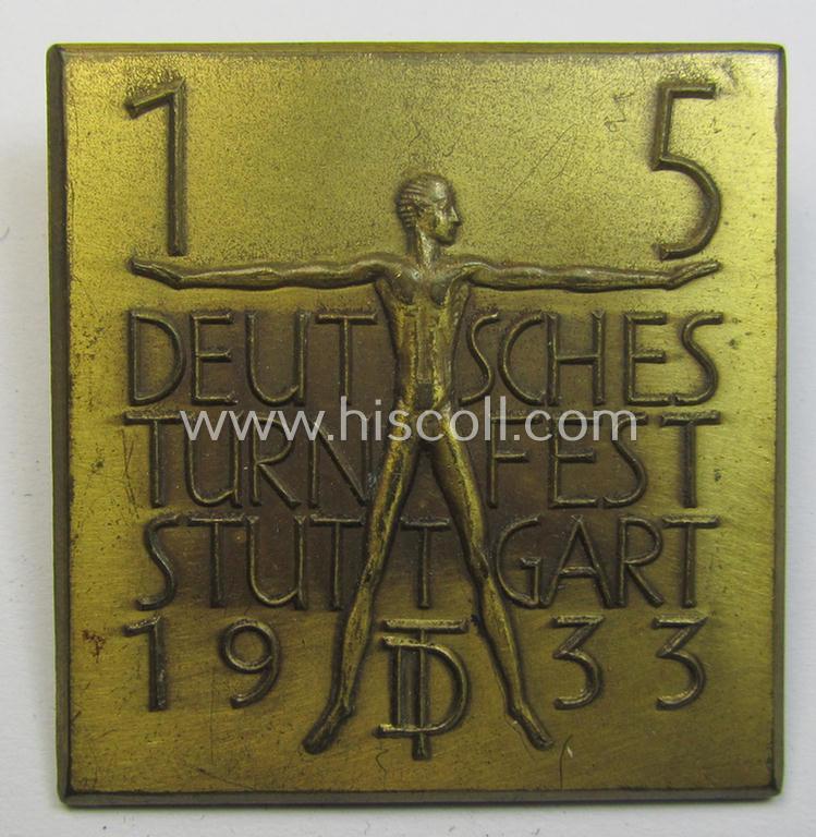 Unusual, 'Deutscher Turnerbund'-related 'tinnie' being a non-maker-marked example depicting a stylished figure, TD-logo and text: '15. Deutsches Turnfest - Stuttgart - 1933'