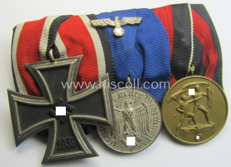 Superb, 3-pieced WWII-period medal-bar (ie. 'Ordenspange') ribbon-bar (ie. 'Band-/Feldspange') showing resp. an: 'EKII. Kl.', a: 'WH-DA 4. Stufe' and a: Czech 'Anschluss'-medal