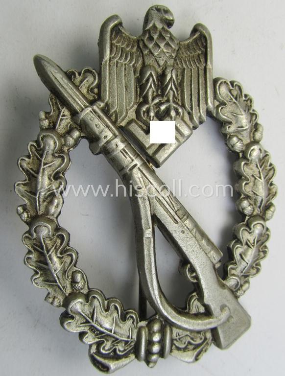 'Infanterie Sturmabzeichen in Silber' being a maker- (ie. 'F.L.L.'-) marked and/or quite converse, 'solid-back' example by the maker: 'Friedrich Linden' (ie. 'F.L.L.') as was executed in bright silver-coloured, zinc-based metal