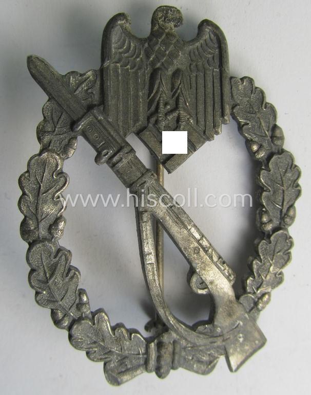 'Infanterie Sturmabzeichen in Silber' (or: silver-class infantry-assault-badge ie. IAB) being a non-maker-marked, so-called: 'solid-back'-example as was (I deem) produced by the: 'Paul Meybauer'-company