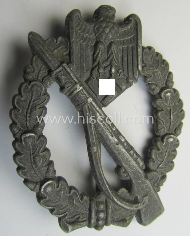 Attractive, 'hollow-back'-pattern 'Infanterie Sturmabzeichen in Silber' (or: silver infantry-assault badge ie. IAB) being a non-maker-marked example as executed in zinc-based metal (ie. 'Feinzink') as was produced by the: 'Wilh. Deumer'-company