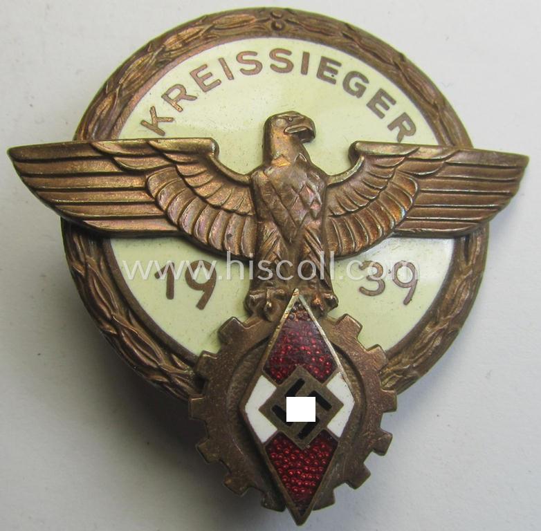 Attractive, 'HJ'- ('Hitlerjugend') ie. 'BDM'- ('Bund Deutscher Mädel') related: 'Reichsberufswettkampf-Siegerabzeichen' (of the 2nd model) entitled: 'Kreissieger 1939' and being a neatly maker- (ie.: 'H. Aurich'-) marked example