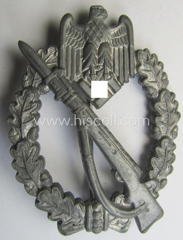 Attractive - and mininally used! - 'Infanterie-Sturmabzeichen in Silber' (or: silver-class infantry-assault badge ie. IAB) being a neatly maker- (ie. 'MK 1'- or: 'Metall u. Kunststoff'-) marked example as executed in silverish-coloured 'Feinzink'