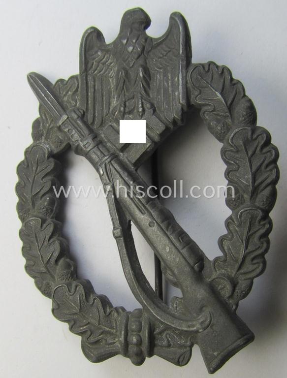 Neat, 'variant'-pattern, zinc- (ie. 'Feinzink'-) based example of an: 'Infanterie-Sturmabzeichen in Silber' being a maker- (ie. 'R.S.'-) marked example as produced by the Austrian maker (ie. 'Hersteller') 'Rudolf Souval' based in Wien (Vienna)