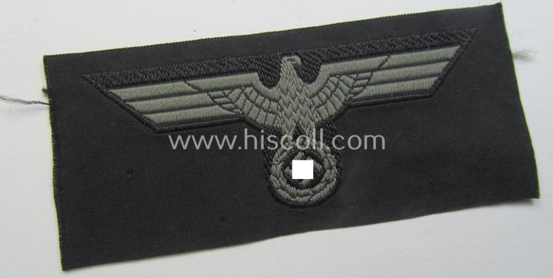 Neat, WH (Heeres) later- (ie. mid-war-) period- and/or bluish-grey-coloured 'Panzer'-type side-cap-eagle a executed in the neat 'BeVo'-weave pattern onto a typical black-coloured background