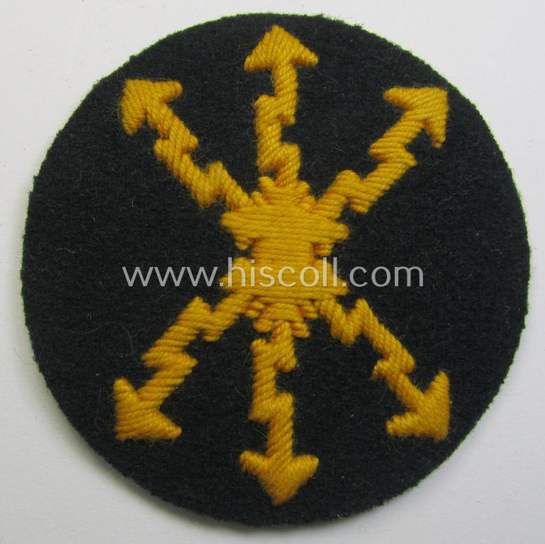Attractive, WH (Heeres) so-called: trade- and/or special-career arm-insignia as was intended for a: 'Funkmeister' being a neatly hand-embroidered (and clearly maker-marked!) specimen on a darker-green-coloured woolen-based background