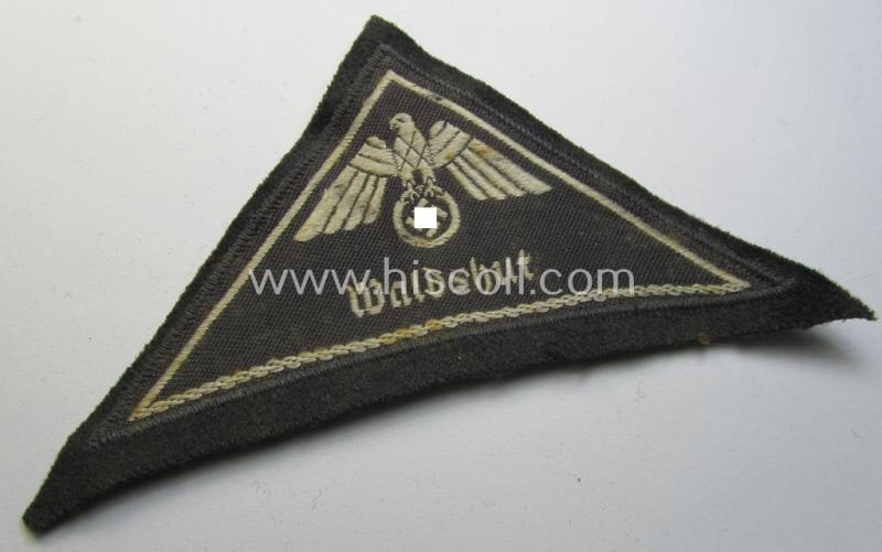 Attractive, German Red Cross (ie. 'Deutsches Rotes Kreuz' or 'DRK') related, EM- (ie. NCO-) type, greyish-coloured- and/or (typically) triangular-shaped arm-eagle as executed in the neat 'BeVo'-weave pattern entitled: 'Waldshut'