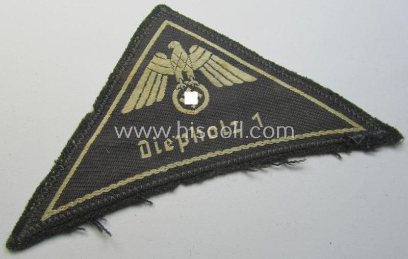 Attractive, German Red Cross (ie. 'Deutsches Rotes Kreuz' or 'DRK') related, EM- (ie. NCO-) type, greyish-coloured- and/or (typically) triangular-shaped arm-eagle as executed in the neat 'BeVo'-weave pattern entitled: 'Diepholz 1'
