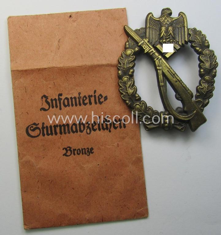 Stunning - and scarcely encountered! - WH (Heeres- ie. Waffen-SS) 'Infanterie-Sturmabzeichen in Bronze' (or bronze-class IAB) being a neatly maker- (ie. 'JFS'-) marked example that comes stored in its (rarely seen!) 'Zellstoff'-based pouch
