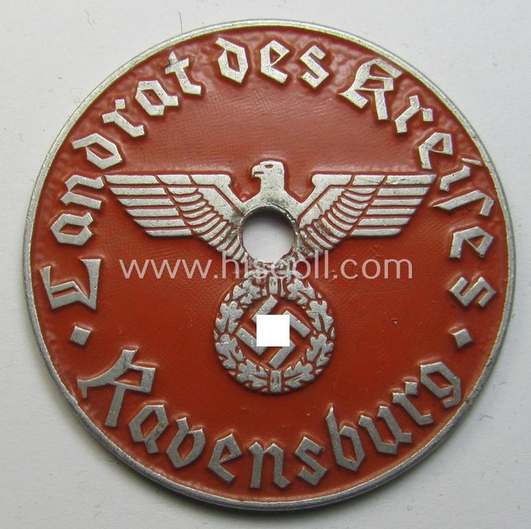 Neat - and fairly unusually seen! - WWII-period, so-called: license-plate-plaque, being a bright-red-coloured- and/or aluminium-based example that shows the superimposed text: 'Landrat des Kreises Ravensburg'