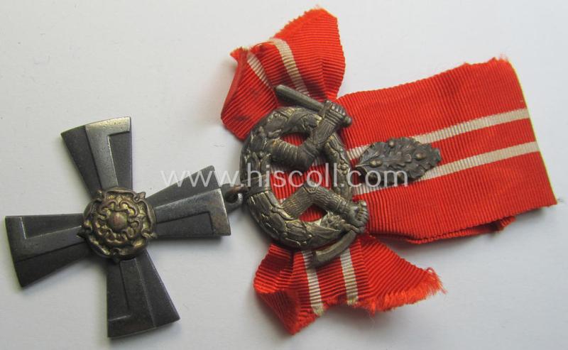 Attractive - and scarcely encountered! - so-called: 'Finish Order of the Cross of Liberty - IV. class' being a silverish-black-coloured example that came mounted onto its period, bright-red/white-coloured ribbon (ie. 'Bandabschnitt')