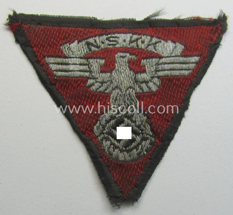 Attractive - and truly used! - so-called: N.S.K.K. (ie. 'National Socialistisches Kraftfahr Korps') side-cap-eagle (ie. 'Adler für Schiffchenmütze') being a 'flat-wire-woven'-example that comes mounted onto a bright-red-coloured background