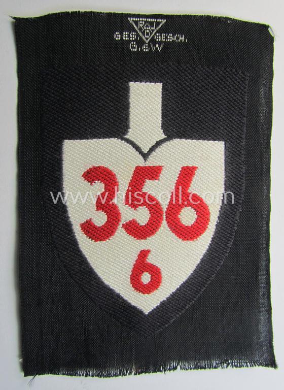 Attractive, 'BeVo'-woven, enlisted-mens'- (ie. NCOs'-) pattern so-called: RAD (ie. 'Reichsarbeitsdienst') sleeve-badge (or: 'Dienststellenabzeichen') bearing the specialist- ie. unit-designation that reads: '356/6'