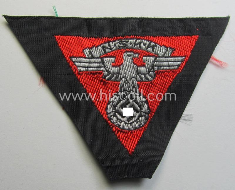 Attractive - and 'virtually mint'! - so-called: N.S.K.K. (ie. 'National Socialistisches Kraftfahr Korps') side-cap-eagle (ie. 'Adler für Schiffchenmütze') being a 'flat-wire-woven'-example that comes mounted onto a bright-red-coloured background
