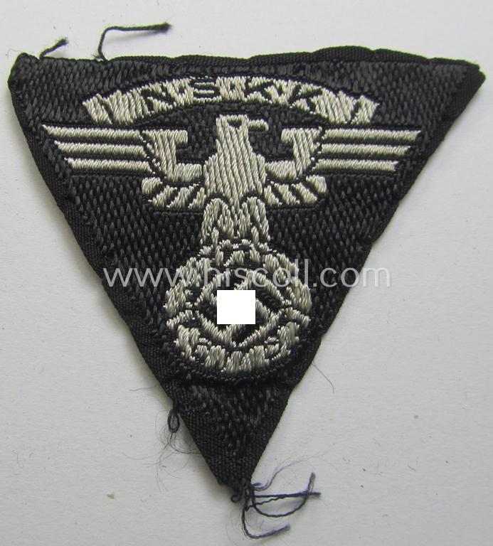Neat - and clearly used! - so-called: N.S.K.K. (ie. 'National Socialistisches Kraftfahr Korps') side-cap-eagle (ie. 'Adler für N.S.K.K.-Schiffchen o. Lagermütze') being a 'BeVo-woven'-example onto a black-coloured background