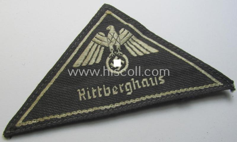 Attractive, German Red Cross (ie. 'Deutsches Rotes Kreuz' or 'DRK') related, EM- (ie. NCO-) type, greyish-coloured- and/or triangular-shaped arm-eagle as executed in the 'BeVo'-weave pattern entitled: 'Rittberghaus' (ie. Berlin-Lichterfelde)