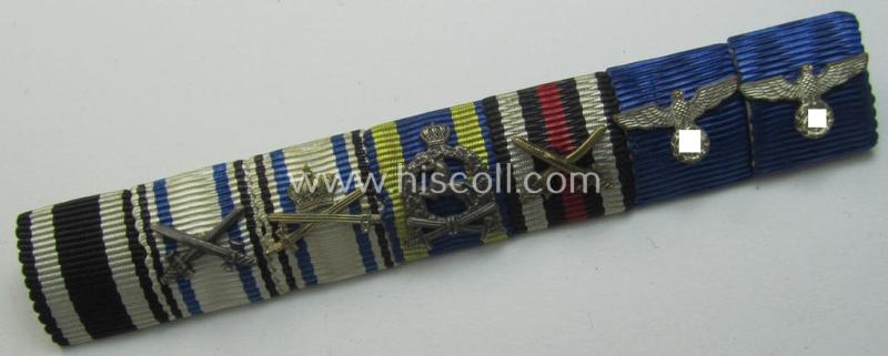 Superb - and truly scarcely found! - 7-pieced, WWI- (ie. WWII-) period ribbon-bar (ie. 'Feld- o. Bandspange'), showing resp. the ribbons for (amongst others) an: 'EK II. Klasse', a: 'Frontkämpferkreuz 1914-18 mit Schw.' and two 'WH-DA'