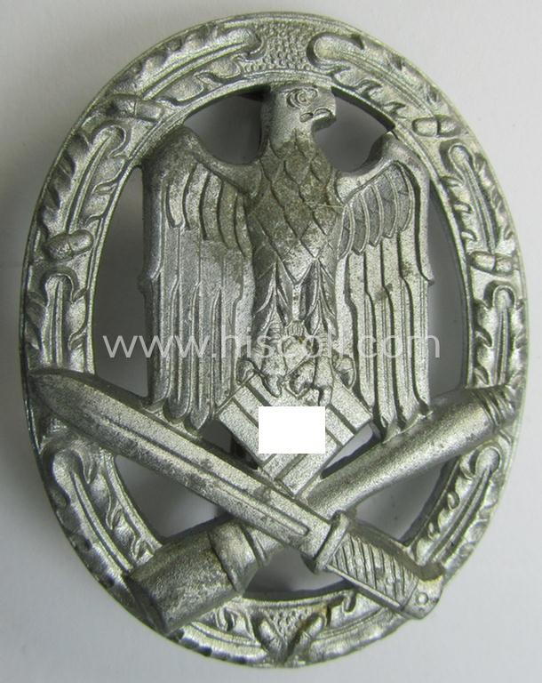 Attractive, 'Allgemeines Sturmabzeichen' (or: General Assault Badge ie. GAB) being a non-maker-marked, zinc- (ie. 'Feinzink'-) based: 'flat-back-variant' as was (presumably) produced by the maker (ie. 'Hersteller'): 'Biedermann & Co'