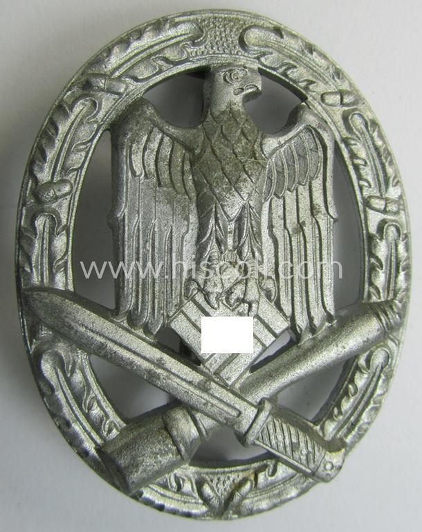 'Allgemeines Sturmabzeichen' (or: General Assault Badge ie. GAB) being a non-maker-marked, zinc- (ie. 'Feinzink'-) based: 'flat-back-variant' as was (presumably) produced by the maker (ie. 'Hersteller'): 'Biedermann & Co'