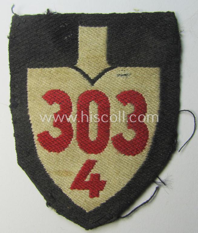Neat - and clearly worn! - 'BeVo'-woven enlisted-mens'- (ie. NCOs'-) pattern, so-called: RAD (ie. 'Reichsarbeitsdienst') sleeve-badge (or: 'Dienststellenabzeichen') bearing the specialist- ie. unit-designation: '303/4'