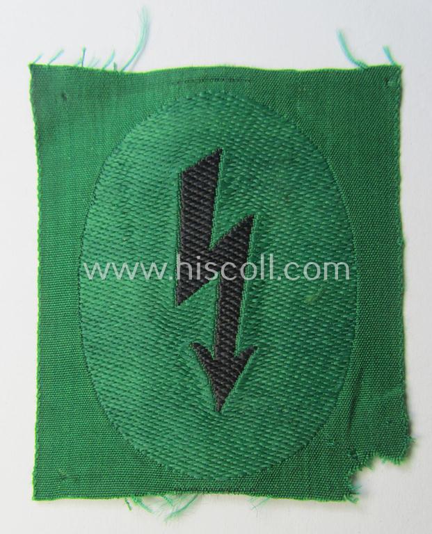 Attractive - and scarcely found! - HJ/BDM (ie. 'Hitlerjugend'/'Bund Deutscher Mädel') 'HJ-Nachrichten-Leistungsabzeichen' showing a black-toned 'signal-blitz' on a green-toned background as was intended to signify succesion in the: 'C-Prüfung'