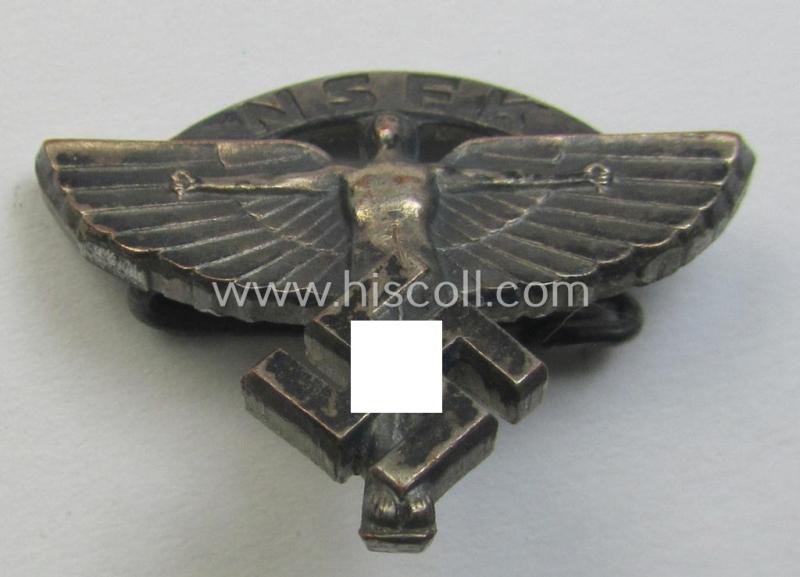 Attractive, N.S.F.K.- (or: 'National-Soc. Flieger Korps'-) related lapel-pin (ie. 'Mitgliedsabzeichen') being a clearly maker- (ie. 'GB-M'-) marked- and/or very detailed example as is executed in (minimally tarnished) silvered 'Buntmetall'