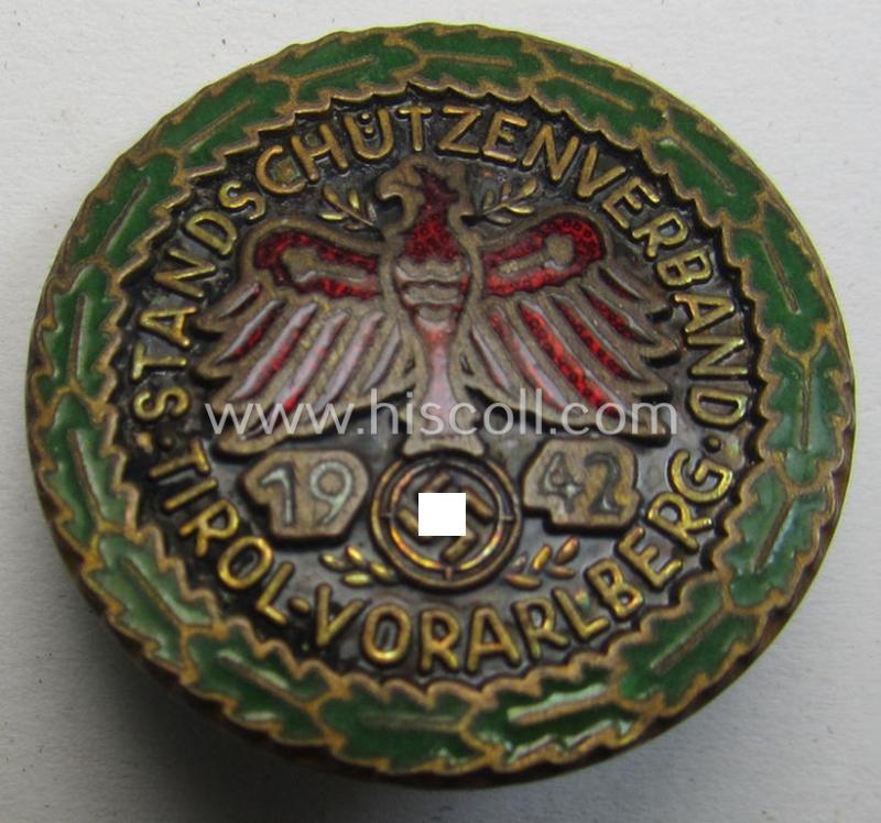 Attractive - and unusally seen! - multi-coloured enamelled, smaller-sized, so-called: 'Gauleistungsabzeichen in Gold für Kombinationsschiessen 1942 des Standschützenverbandes Tirol-Vorarlberg'