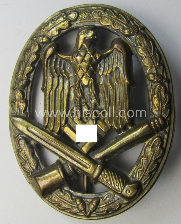 Attractive - but clearly used- and/or worn! - 'Allgemeines Sturmabzeichen' (or: General Assault Badge ie. GAB) being an unmarked 'Buntmetall'-based and/or actually scarcely seen 'hollow-back'-version as was produced by the: 'Otto Schickle'-company