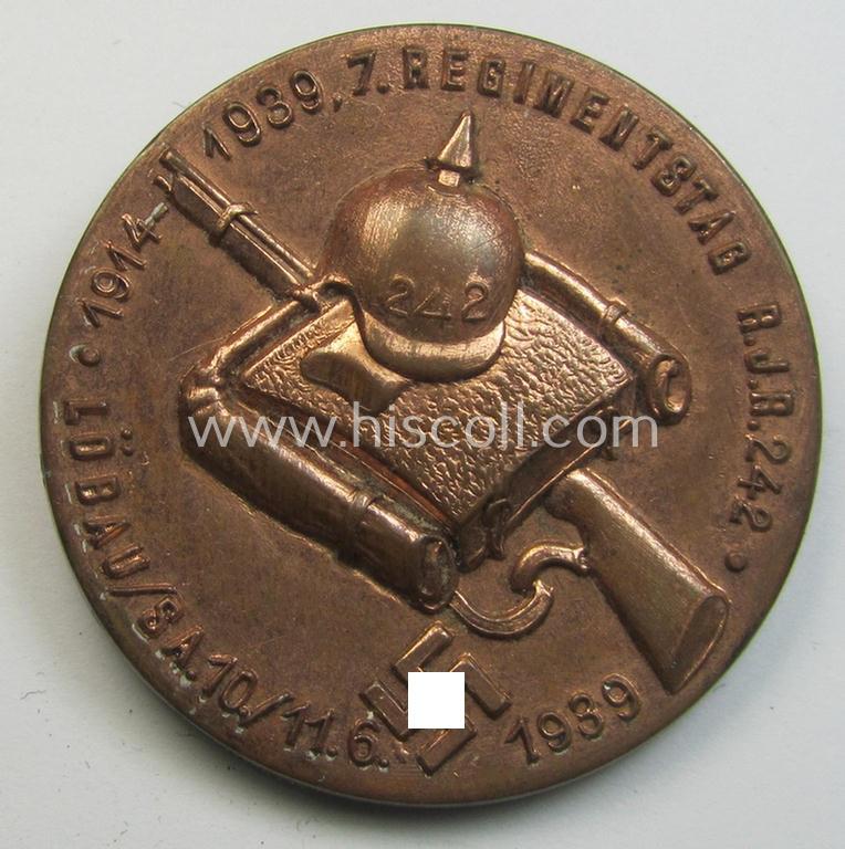 Reddish-bronze-toned, (I deem) N.S.K.O.V.- (ie. veteran) related day-badge (ie. 'tinnie') being a non-maker-marked example as was issued to commemorate a gathering entitled: '1914-1939 - 7. Regimentstag - R.J.R. 242 - Lobau/SA.- 10./11.6.1939'