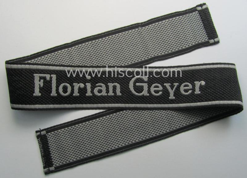 Superb, Waffen-SS, 1943-pattern cuff-title (ie. 'Ärmelstreifen') depicting the ('BeVo') machine-woven, Latin script text in silverish-grey linnen as was intended for a member of the: '8. SS-Kavallerie-Division “Florian Geyer”