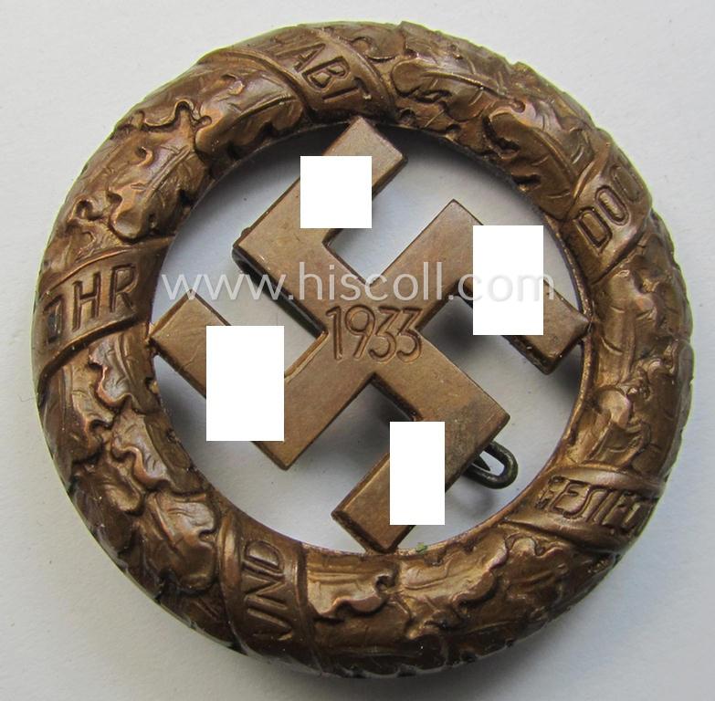 Attractive - and actually scarcely seen! - N.S.D.A.P.-related 'Tagungs- o. Veranstaltungsabzeichen' (also referred to as: 'Gau München'-honorary-badge) being a non-maker-marked example showing the text: 'Und Ihr habt doch gesiegt - 1933!'