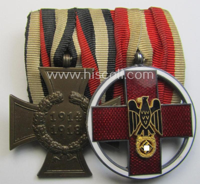 Attractive, WWI- (ie. TR-) period so-called: 'Doppelspange' (being of the non-'detachable-pattern') showing resp. an: 'FKK 1914-18 ohne Schwerter' and a (scarcely seen!): 'DRK-Ehrenzeichen des 3. Modell'