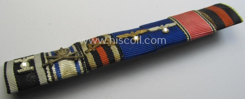 Superb, 7-pieced WH 'Feld- o. Bandspange' showing resp. the ribbons for a: WWI-period 'EK II. Kl.' (with detailed 'Wiederhohlungs-Spange Miniatur'!), a: Bayern 'MVO 3.St.', an: 'FKK 14-18 mit Schw.', two WH 'DA'  and two 'Anschluss'-medals