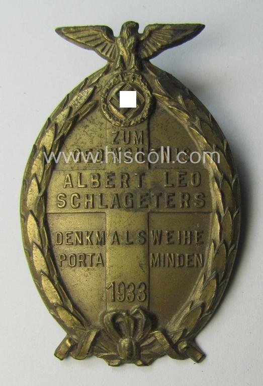 Neat - and scarcely encountered! - N.S.D.A.P.- related 'tinnie' being a maker- (ie. 'Wächtler & Lange'-) marked example showing the text: 'Albert Leo Schlageters Denkmalsweihe - Porta Minden - 1933'