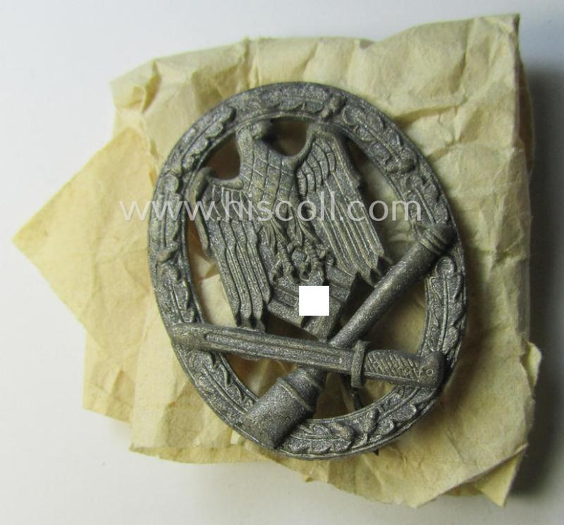 Superb - and I deem simply never worn! - 'Allgemeines Sturmabzeichen' (or: General Assault Badge ie. GAB) being an unmarked, zinc- (ie. 'Feinzink'-) based- and/or 'hollow-back'-specimen as was produced by the: 'Wilhelm Deumer'-company