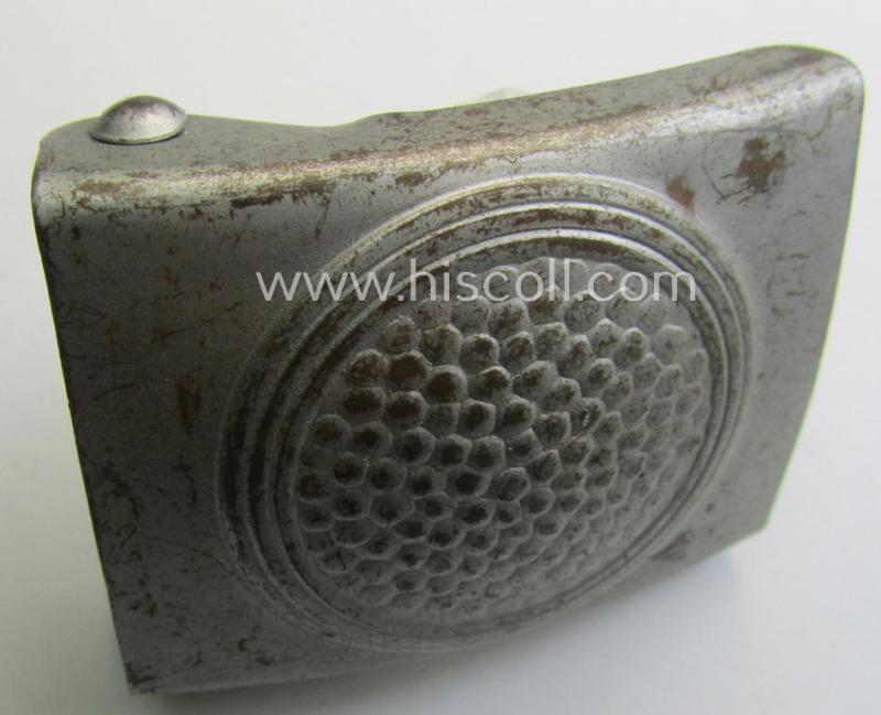 Neat - and truly worn! - mid-war-period WH (Heeres) silver-coloured- and/or steel-based belt-buckle being a maker- (ie. 'B&N - 43'-) marked example that comes in a clearly worn- (ie. fully untouched-), condition