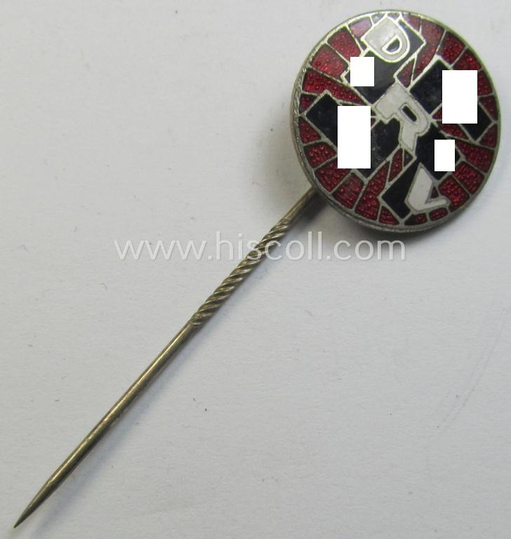 Neatly enamelled, 'Deutscher Radfahrer Verbandes'- (ie. D.R.V.-) related so-called: 'Mitglieds- o. Zivil-Abzeichen' being an attractive (and maker-marked) example that shows a black-toned swastika upon which the letters: 'D.R.V.' are placed
