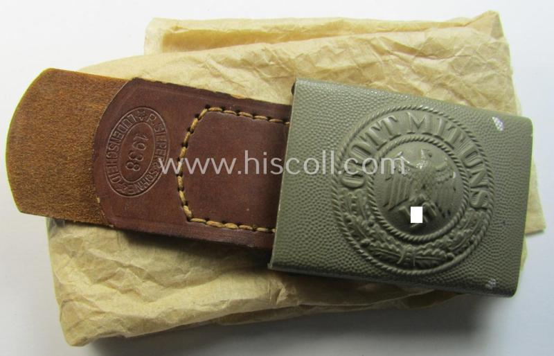 Stunning, WH (Heeres) 'standard-pattern', field-grey-toned- and aluminium-based belt-buckle being a maker- (ie. 'R. Sieper & Söhne'-) marked- and/or '1938'-dated example that comes mounted onto its leather-based tab