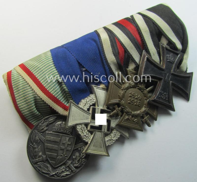 Superb - 'quality-produced' and unusually 'slantwise-mounted'! - 4-pieced medal-bar (ie. 'Ordenspange') by the 'J. Reimann'-company showing various WWI- and/or TR-period awards