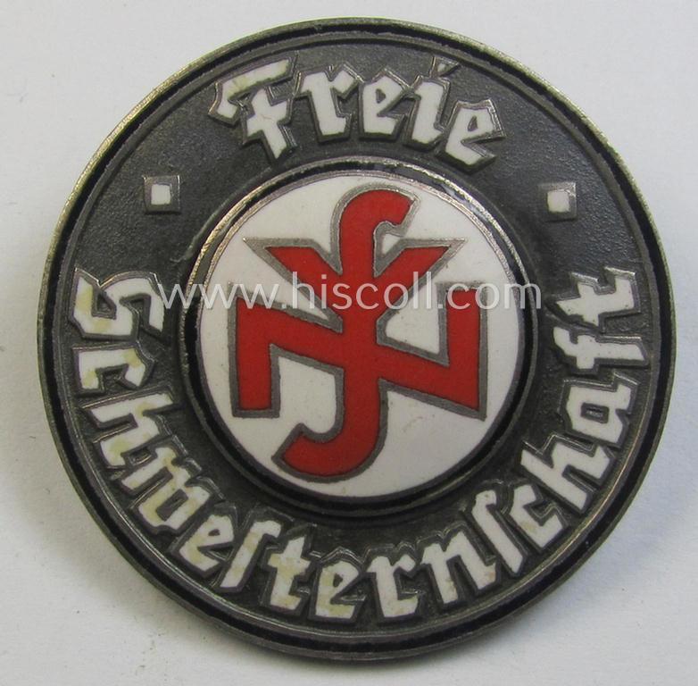 Attractive, DRK- (ie. 'Deutsches Rotes Kreuz'- or German Red Cross) related so-called: nurses'-brooch entitled: 'Freie Schwesternschaft' (being a just minimally used- and multi-coloured enamelled albeit non-maker-marked example)