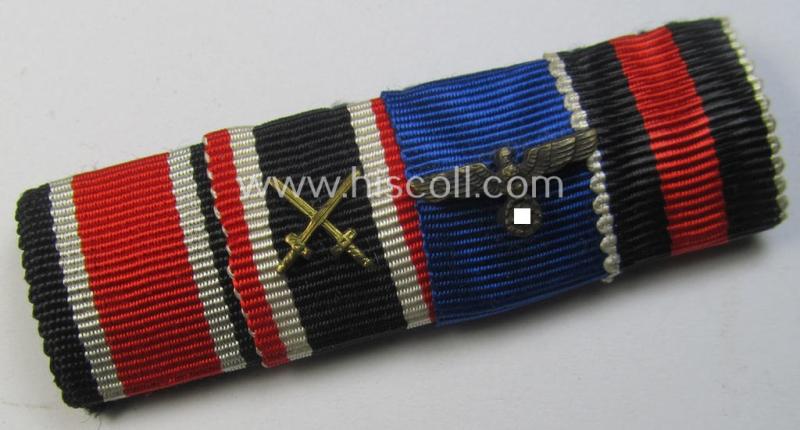 Attractive, 4-pieced, WWII-period ribbon-bar (ie. 'Feld- o. Bandspange') showing the ribbons for an: 'EK II.Kl.', a: 'KvK II.Kl. m. Schw.', a: WH 'Dienstauszeichnung der 4. Stufe' and a Czech 'Anschluss'-medal