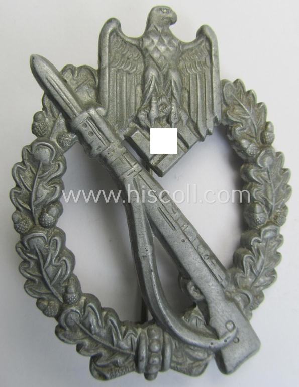 Attractive - and scarcely encountered! - WH (Heeres- ie. Waffen-SS) 'Infanterie-Sturmabzeichen in Silber' (or: silver-class IAB) being a maker-marked, 'waffle-crimp'-example by the: 'BSW'- (ie. 'Brüder Schneider'-) company