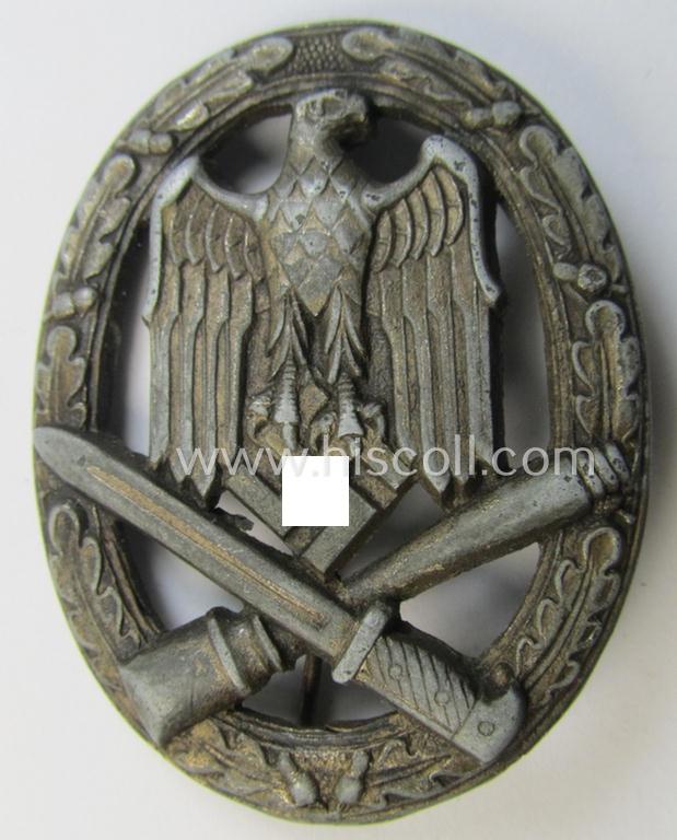 Attractive, 'Allgemeines Sturmabzeichen' (or: General Assault Badge ie. GAB) being a typical unmarked, zinc-based- (ie. 'Feinzink'-) and/or: 'semi-hollow-back'-version as was (I deem) produced by the: 'Rudolf Karneth'-company