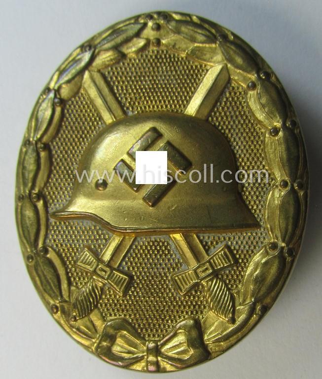 Superb - and just moderately used- and/or worn! - 'Verwundeten-Abzeichen in Gold' being a clearly maker- (ie. '30'-) marked- and 'Buntmetall'-based example as was produced by the Austrian maker (ie. 'Hersteller') named: 'Hauptmünzamt Wien'