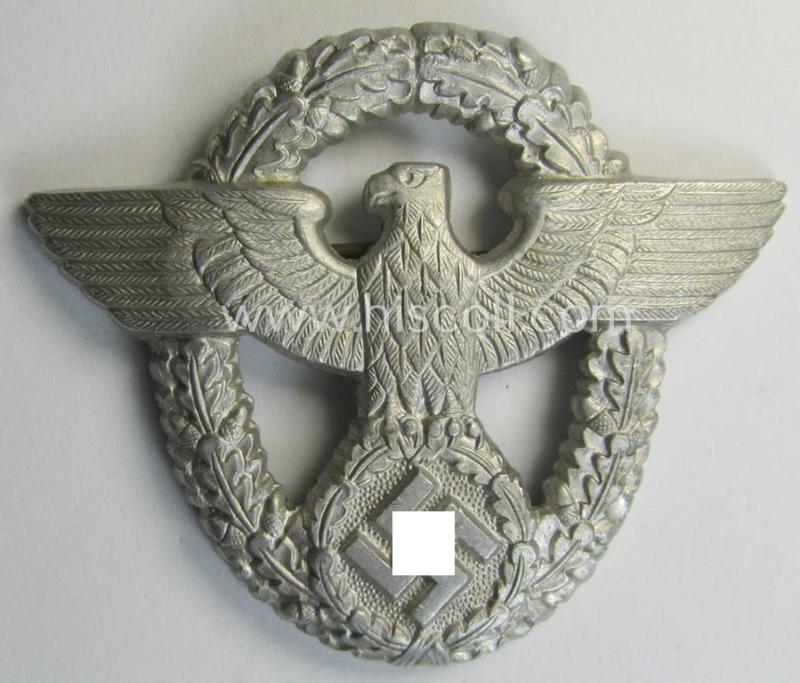Attractive, 'standard-issue'-pattern - and typical aluminium-based - 'Polizei'- (ie. police) visor-cap eagle being a bright-silver-coloured- and non-maker-marked example as was intended for usage on the various 'Polizei' (ie. police) visor-caps
