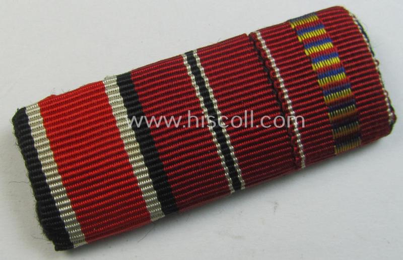 Neat, 3-pieced, WH (Heeres etc.) medal-bar (ie. 'Feld- o. Bandspange') showing resp. the ribbons for an: 'Eisernes Kreuz II. Klasse' (or: iron cross second class), an: 'Ost'-medal and a: Romanian medal 'Kreuzzug gegen den Kommunismus'