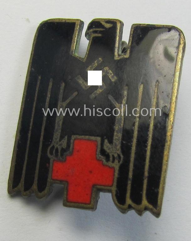 Multi-coloured- and/or neatly enamelled! - DRK (ie. 'Deutsches Rotes Kreuz') civil-attire badge (ie. 'Zivilabzeichen des D.R.K.') being a detailed example that shows a clearly present 'Ges.Gesch.'-patent-designation