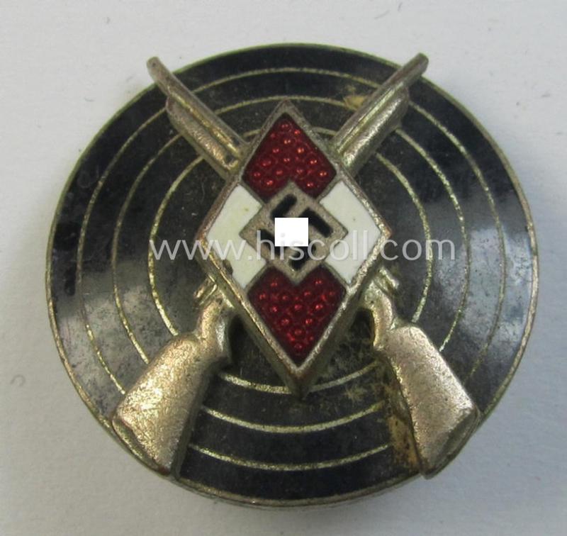 Nicely preserved - and just moderately used ie worn! - HJ ('Hitlerjugend') so-called: 'HJ-Schiessauszeichnung' (or: HJ shooting- ie. marksmans'-badge) being a nicely maker- (ie. 'RzM - M1/77'-) marked example