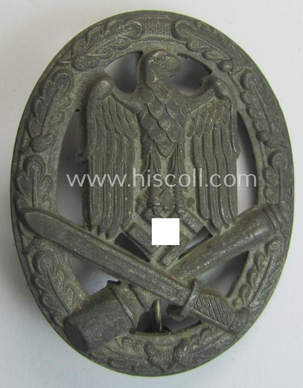 Attractive, 'Allgemeines Sturmabzeichen' (or: General Assault Badge ie. GAB) being a non-maker-marked, zinc- (ie. 'Feinzink'-) based: 'flat-back-variant' as was produced by a to date unidentified maker (ie. 'Hersteller')